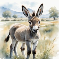 Adorable donkey foal standing in a sunny field, mountains in background.