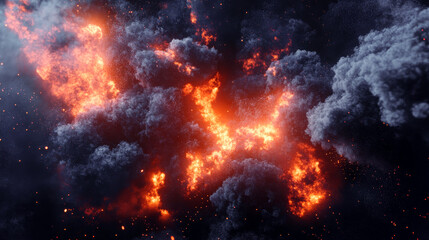 Explosive fiery clouds in dark sky