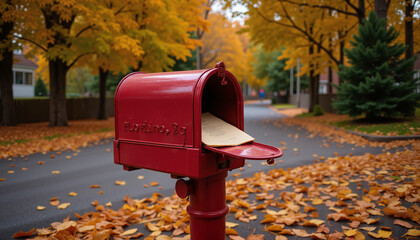 Red mailbox with letters on a picturesque autumn street covered with fallen leaves