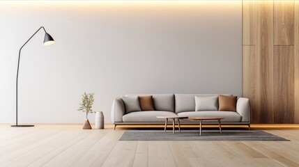 Modern living room with minimalist design featuring a gray sofa, floor lamp, coffee tables, decorative vases, and wooden paneling accent wall