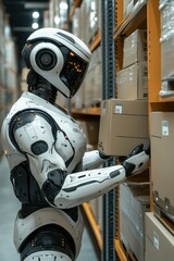 Fototapeta premium Futuristic Robot Organizing Packages in a Modern Warehouse with Advanced Technology and Automation