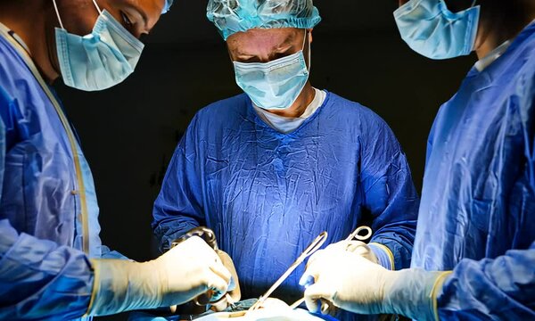 Surgeons in gowns and masks perform an operation. Surgical operation in an emergency hospital.
