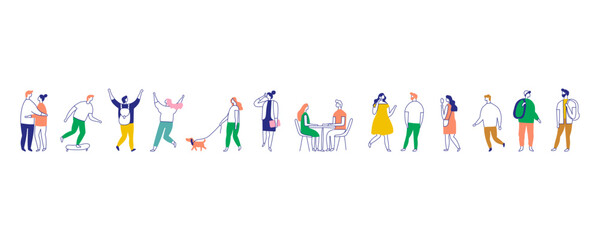 Line Art Different People Stylized Silhouette Vector Banner. Male and Female Outline Characters figure Isolated on white background.	