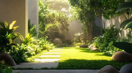 10. A peaceful garden with lots of open green space and a few plants, allowing room for text