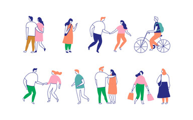 Line art stylized city people bundle isolated on white background