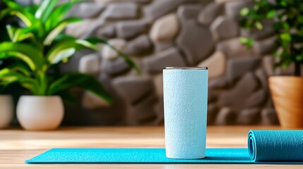 Naklejka premium Tumbler stainless steel. A tranquil yoga setup featuring a turquoise mat, a textured water bottle, and lush greenery against a stone wall backdrop.