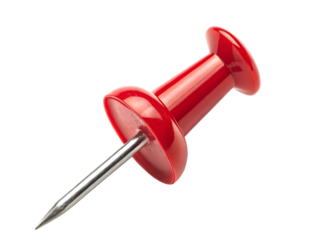 A close-up of a single bright red push pin with a metallic needle, isolated on a white background.AI GENERATED