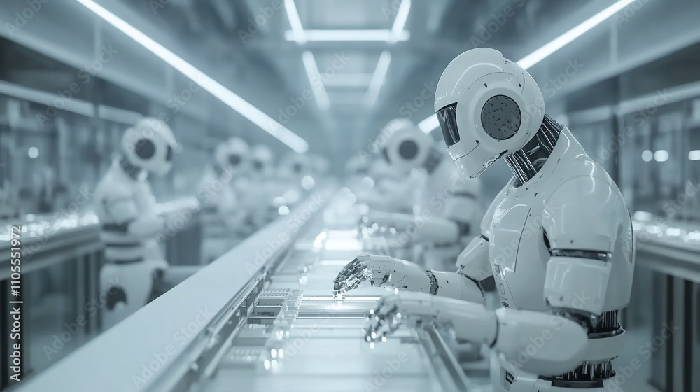 Poster Robots working on assembly line in futuristic factory.