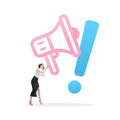 Advertising. Businesswoman shouting into large pink megaphone and blue exclamation mark icon, symbolizing communication. Contemporary art collage. Concept of business, branding, marketing