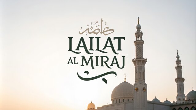 Lailat al miraj celebration at mosque with arabic calligraphy and sunset background