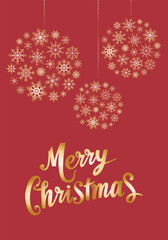 Christmas card. Garland of golden snowflakes on a red background. Handwritten inscription Merry Christmas. Vector.