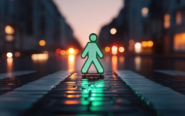 A glowing green pedestrian signal stands in a crosswalk at dusk, with blurred city lights illuminating the background.