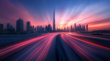 Dubai Skyline Sunset Cityscape With Light Trails