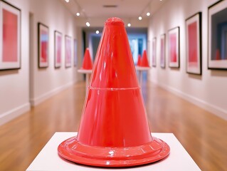 A vibrant red traffic cone is displayed in an art gallery, surrounded by framed artworks, showcasing a unique blend of contemporary and conceptual art.