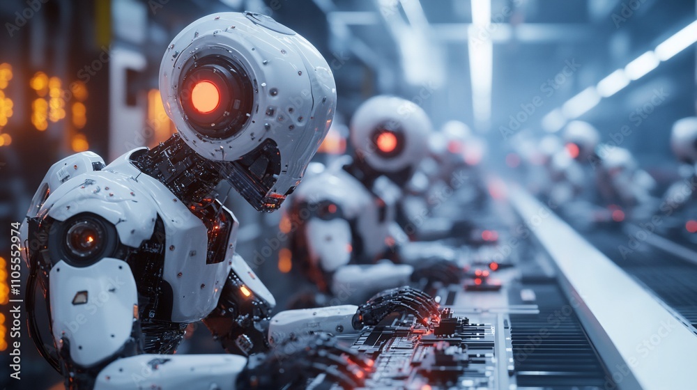 Poster Robots playing keyboards in futuristic factory.