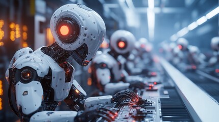 Fototapeta premium Robots playing keyboards in futuristic factory.