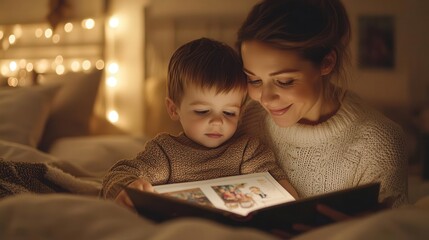 A mother and son sharing a picture book, soft ambient light, cozy bedroom setting, peaceful expressions, bedtime story mother, calm and happy family time