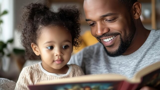 A father with a warm smile, reading a fantasy adventure book, child gazing with wonder, soft lighting and cozy surroundings, bedtime story father, wholesome family connection