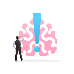 Awareness. Businessman observing pink brain icon with blue exclamation mark, symbolizing problem-solving and innovative thinking. Contemporary art collage. Concept of business, branding, marketing