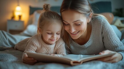 Mother and child lying side by side, reading a storybook, gentle smiles, warm light, soft pastel colors, peaceful family connection, bedtime story mother, calm bedtime scene