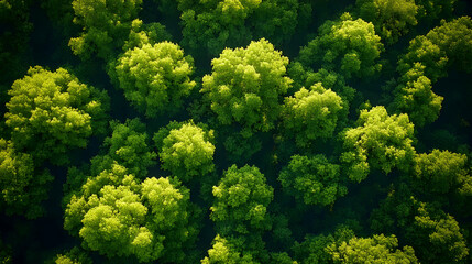Naklejka premium Aerial View: Lush Green Canopy, Forest Trees, Nature's Beauty, Vibrant Greenery, Overhead Shots, Tranquil Woods, Summer Foliage, Ecological Diversity, Abundant Life, Green Ecosystem