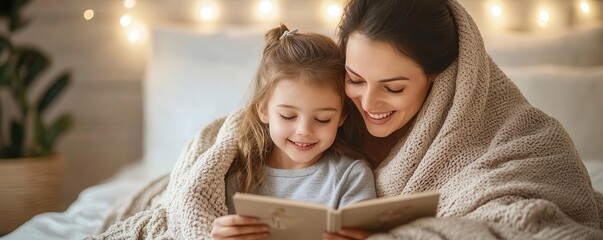 Mother and daughter cuddled together under a blanket, reading a story, soft fairy lights above, peaceful and joyful, bedtime story mother, happy bedtime routine