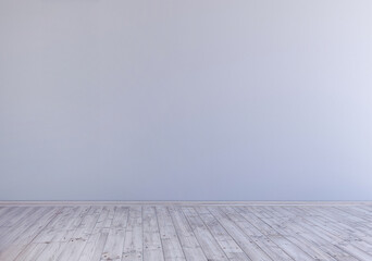 Empty room with light grey wall background mockup design with wooden floor, 3d rendering illustration.
