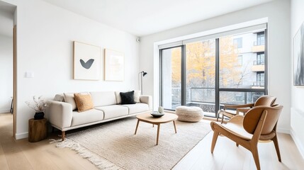 Modern living room with beige sofa, wooden chairs, abstract art, large windows, and natural light