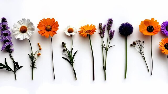 A row of flowers with a variety of colors and sizes. The flowers are arranged in a line, with some of them being taller than others. Scene is one of natural beauty and diversity