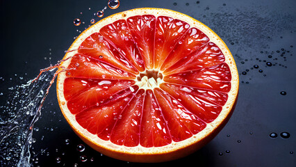 Grapefruit with water droplets and half submerged in water on a black background 