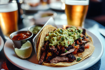 Delicious tacos with grilled meat, guacamole, and salsa served with craft beer. Enjoy flavorful meal with refreshing drinks in vibrant setting