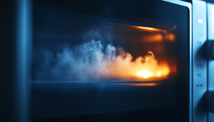 Fototapeta premium Close-up blur shot of microwave with steam and amber glow, highlighting cooking in progress.
