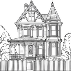 Charming victorian house sketch architectural design black and white art outdoor setting front view creative coloring concept