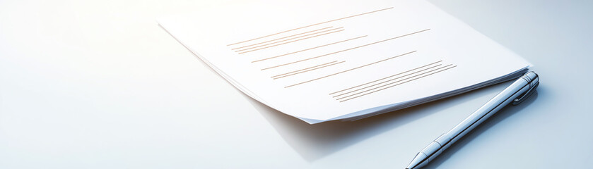 Close-up view of blank document and pen on minimalist desk, ready for important notes or signatures on white background.