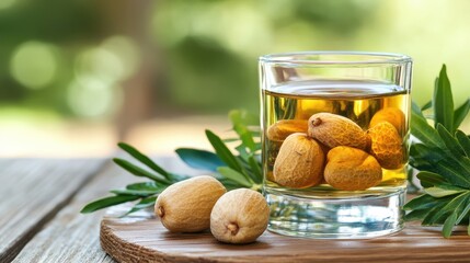 A glass of liqueur with dried fruit, garnished with herbs, on a wooden board outdoors.