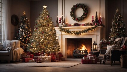 Fototapeta premium Christmas Tree Shines Bright by Fireplace