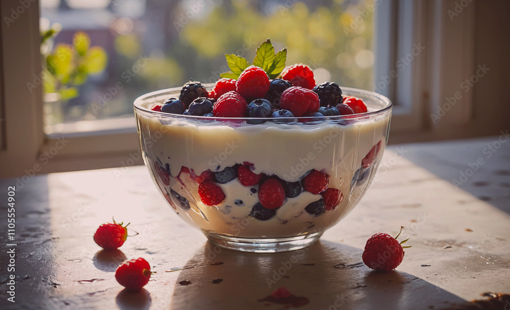 Poster bowl of fruit with blueberries and raspberries. the bowl is on a table. there are strawberries on th