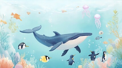 Ocean scene shows whales and penguins swimming among colorful fish in a summer sea. Ocean landscape with marine life. Underwater coral reef. Peaceful aquatic animals. Beautiful summer landscape.