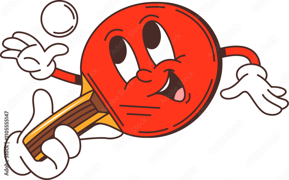 Aufkleber cartoon retro groovy table tennis racket and ball character with arms and smiling face, showing a pl