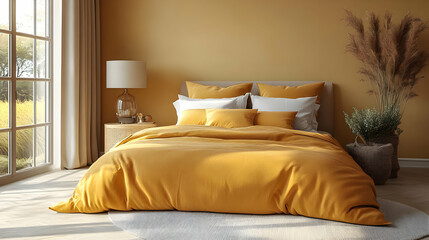 Mustard Yellow Bedding:  Cozy Bedroom Decor with Natural Light & Plants