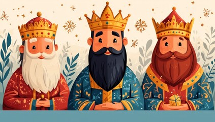Illustration of the three wise men in colorful robes and crowns holding gifts in a festive snowy scene Generative AI