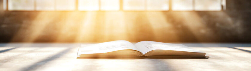 Naklejka premium Open book by soft sunlight beams, creating serene and contemplative atmosphere.