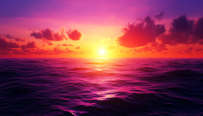 Fototapeta premium Beautiful sunset over calm ocean waves with vibrant colors reflecting on water.