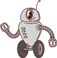 Cartoon retro groovy robot character, cute psychedelic AI toy, vintage hippie transformer, funky humanoid cyborg or droid vector personage. Groovy hippy wheeled robot with antenna and manipulators