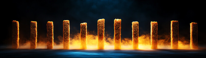 Futuristic scene of illuminated pillars glowing fog, creating mystical technological ambiance on black background.