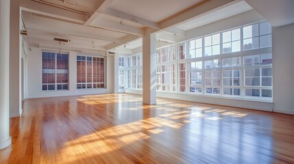 Fototapeta premium 19. A spacious and airy loft apartment with large windows, allowing room for text in the center