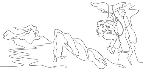 Continuous one line drawing rock climber on a rock. A climber climbs a rope over a cliff. Mountain landscape.One continuous line isolated minimal illustration.Not AI.