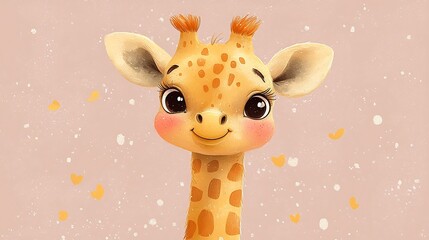 Cute Cartoon Giraffe Showing Shy Smile and Rosy Cheeks on Lavender Backdrop