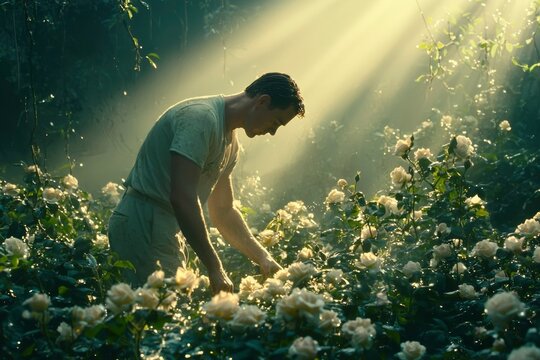 Man Tending to White Roses in a Sunlit Garden