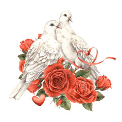 White doves sit in a bouquet of red roses and are intertwined with a silk ribbon, the composition symbolizes love. Watercolor illustration for postcards, wedding invitations, Valentine's Day